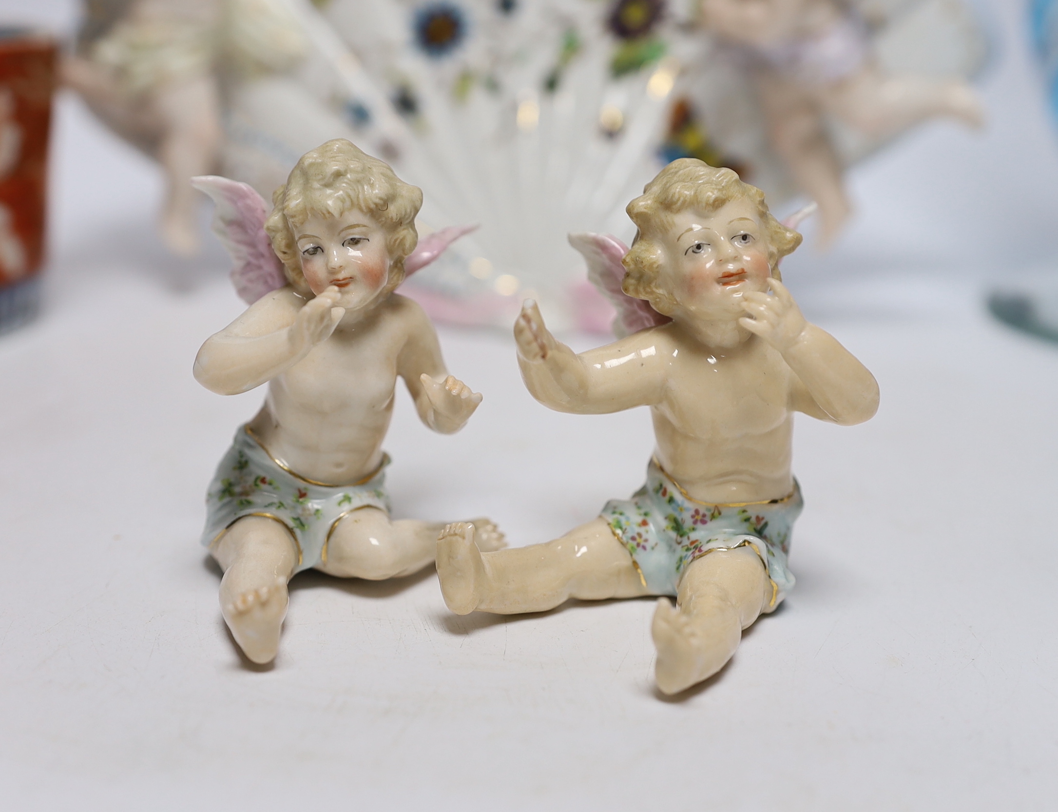 A group of mixed ceramics and glassware including an art glass jug, a leaf dish and a late 19th / early 20th century continental porcelain figures including Volkstedt, largest 32cm high